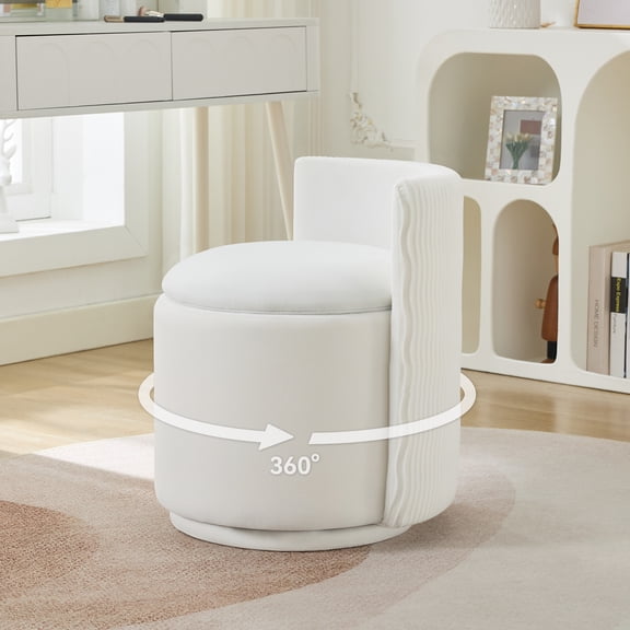 Velvet Swivel Accent Chair with Storage, 360° Vanity Makeup Chair with Wave Back, No Assembly Comfy Single Sofa Chair, Small Accent Stool for Bedroom, Dressing, Living Room, White