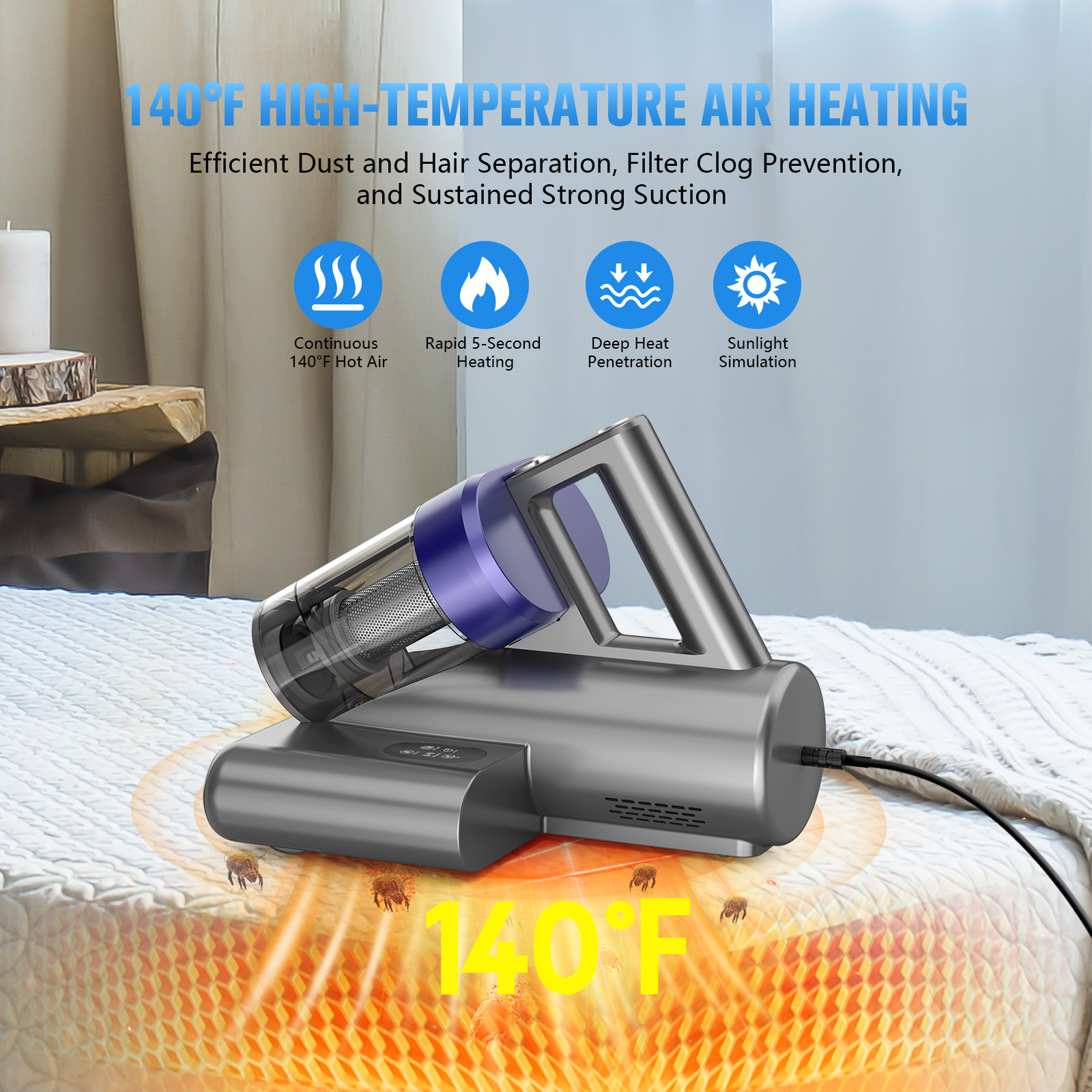 ONSON 16Kpa Handheld Mattress Vacuum Cleaner, UV Light for Deep Cleaning Beds & Sofas