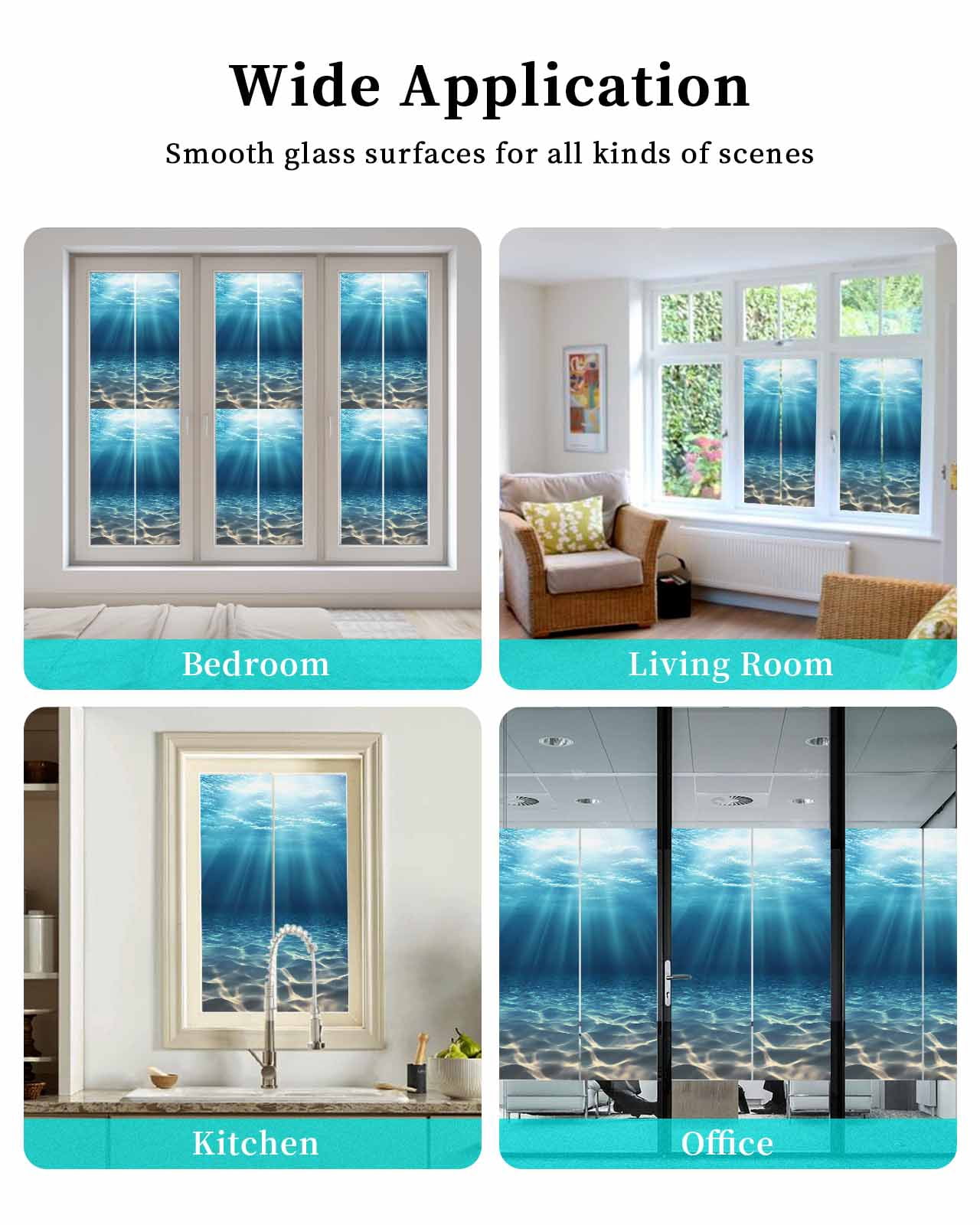 Window Privacy Film Ocean Blue Stained Glass Window Film Decorative Sun Block Window Cover Underwater Sun Light Coastal Sea Scenery Window Clings Static Adhesive Sticker for Bathroom 23.6"x59"