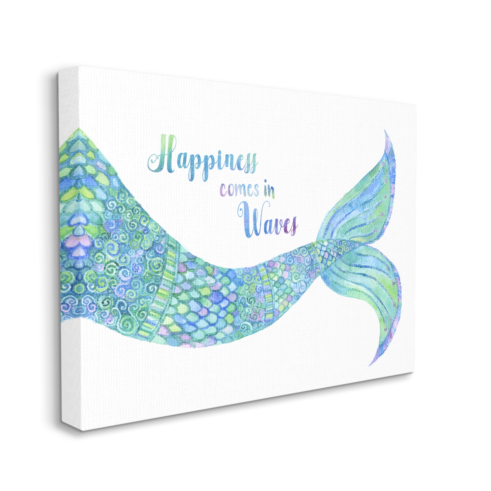 Stupell Industries Happiness Comes in Waves Detailed Mermaid Tail Sentiment Painting Gallery Wrapped Canvas Print Wall Art, Design by Jackie Decker