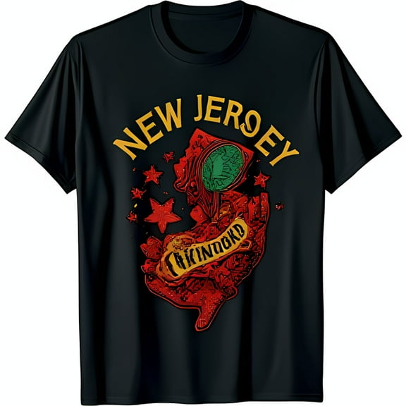 New Jersey Graphic Black T-Shirt with Bold Red State Outline Design