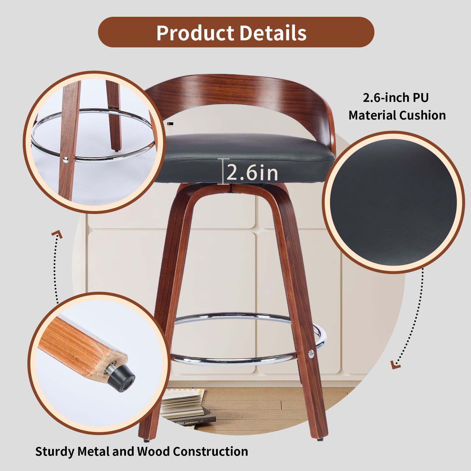 25" Counter Height Bar Stools Set of 4, Wood & PU Leather Counter Stools, Modern Swivel Bar Stools for Kitchen Counter Island, Barstool Chairs, Sillas Para Barra de Cocina (Black, 4 Pcs)