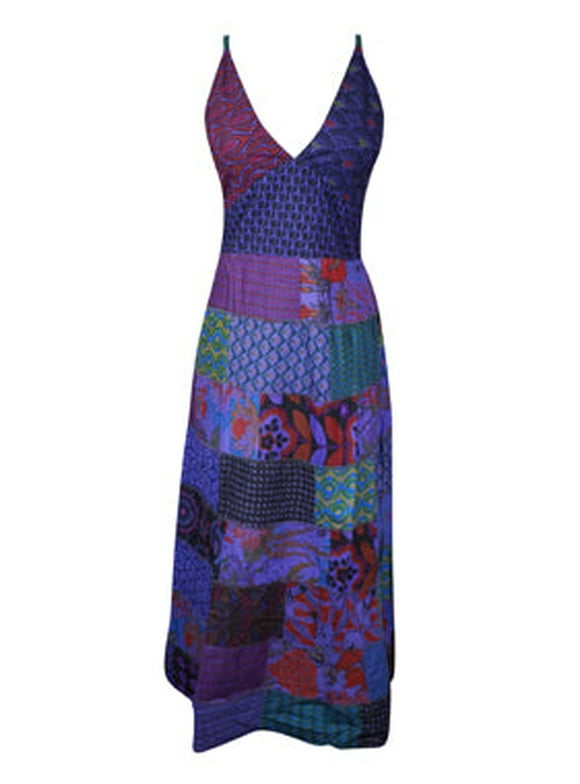 Mogul Womens Patchwork Strap Maxi Dress Purple Patchwork Long Dresses M/L