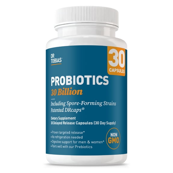 Dr. Tobias Dr. Tobias Probiotics 30 Billion, 10 Strains, 30 Billion CFU's, Targeted Release Probiotics for Digestive Health, Shelf-Stable Probiotics for Women & Men, Non-GMO, 30 Capsules, 30 Servings