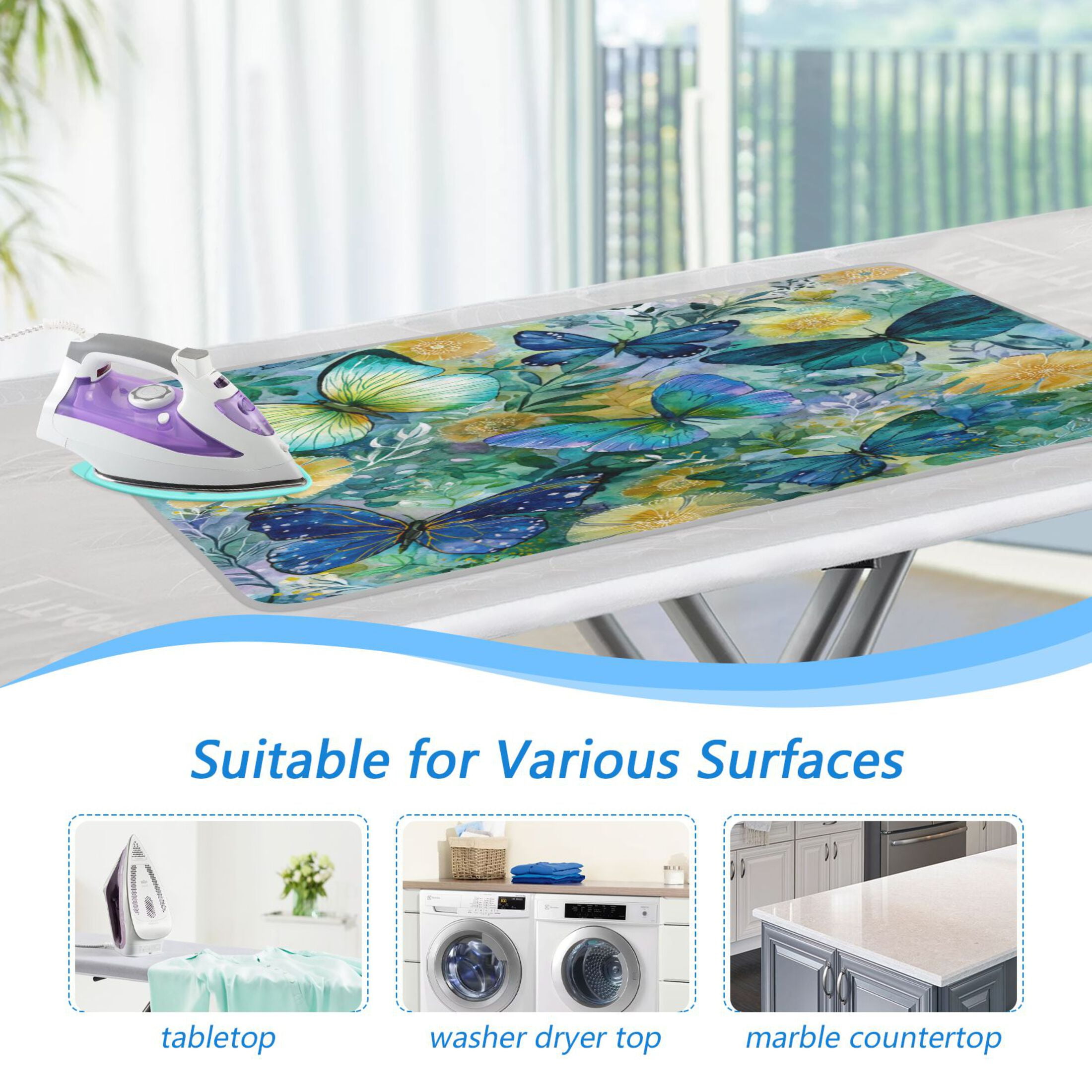 Wobogo Green Butterfly Ironing Mat Blanket Quilted Washer Dryer Heat Resistant Pad Foldable for Easy Storage
