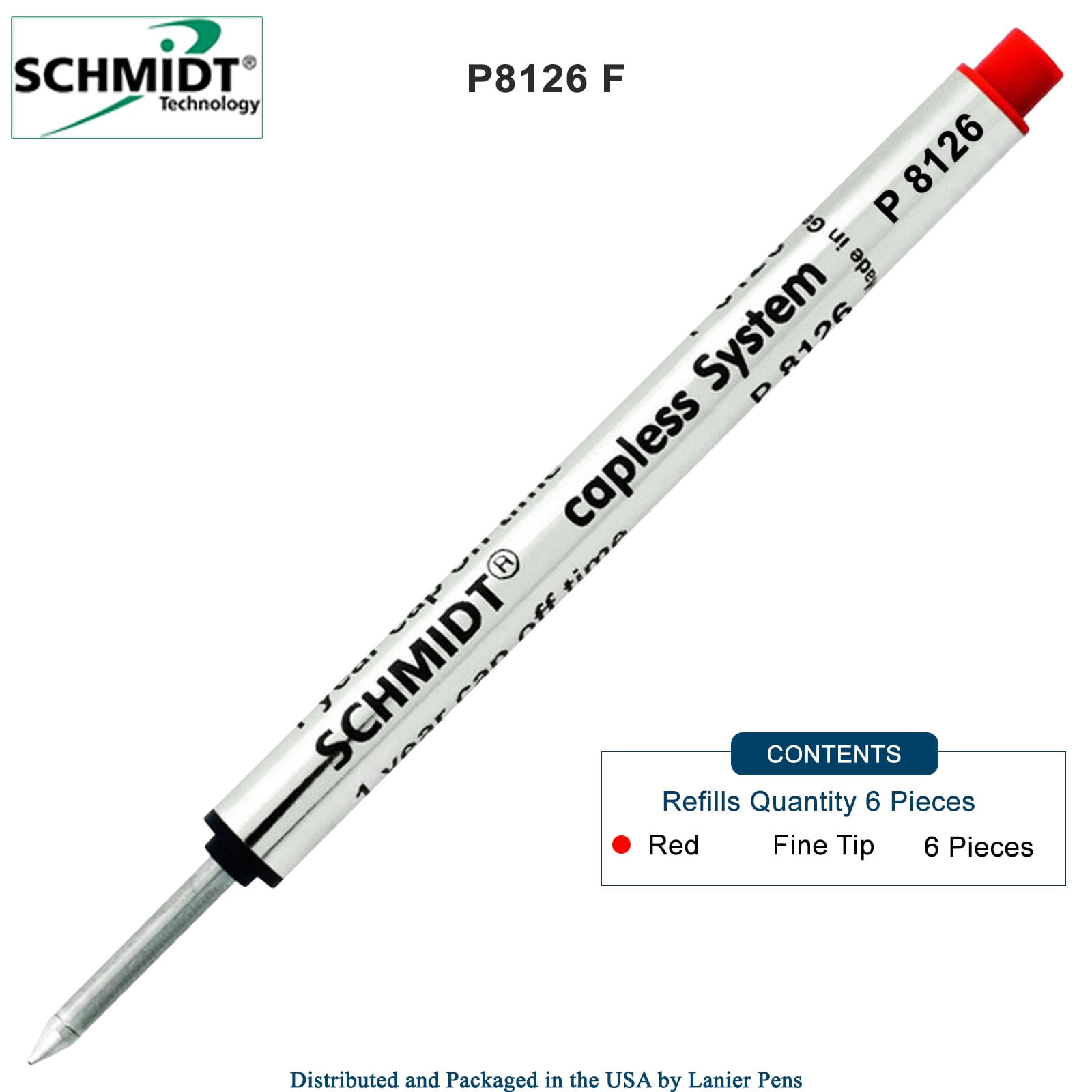 6 Pack - Schmidt P8126 Capless Rollerball - Red Ink, Fine Tip 0.6mm