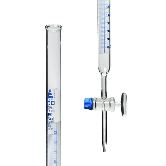 Lab Burette, 100mL - Schellbach Design for Accurate Miniscus Reading - Class B - 0.2mL Blue Graduations - Glass Stopcock - Borosilicate Glass Buret - Eisco Labs