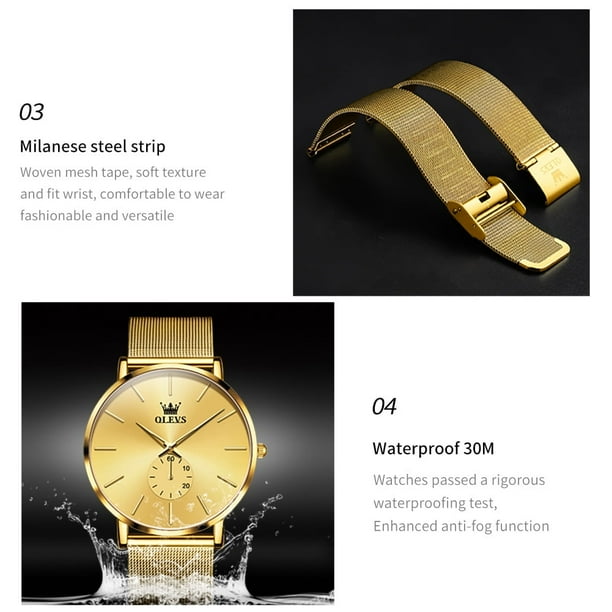 OLEVS Mens Gold Watches Ultra Thin Minimalist Fashion Simple Stainless Steel Mesh Bracelet Watch Waterproof Suitable For Daily Business Wear Gifts