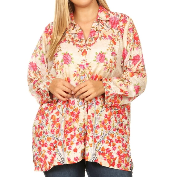 Sakkas Issa Women's Long Sleeve Floral Print Casual Button Down Shirt Blouse Top - 1906-FM213-Multi - One Size