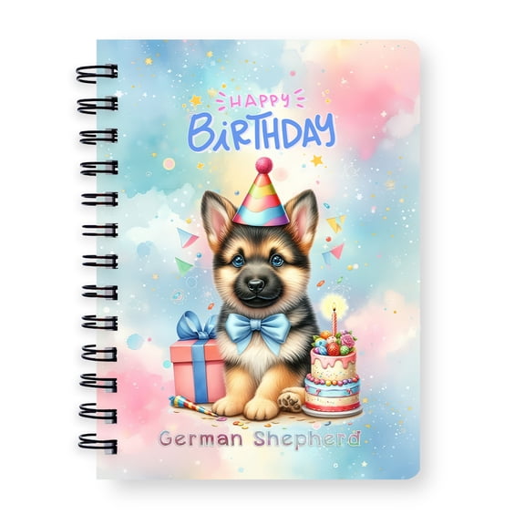 Happy Birthday Cute Puppy German Shepherd with Cake Gifts Party Hat Spiral Bound Journal Alsatian Dog Lover Gifts 5x7in Spiral Notebook - 00029