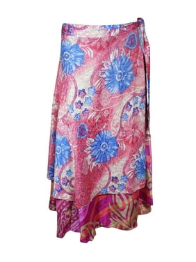 Mogul Women Pink,Blue Floral Wrap Skirt 2 Layer Printed Indian Vintage Sari Reversible Beach Wear Wrap Around Skirts