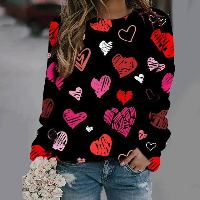 Qertyioot Chandail de la Saint-Valentin pour Femmes, Blouse à Manches Longues Imprimée Col Rond Tunique Décontractée
