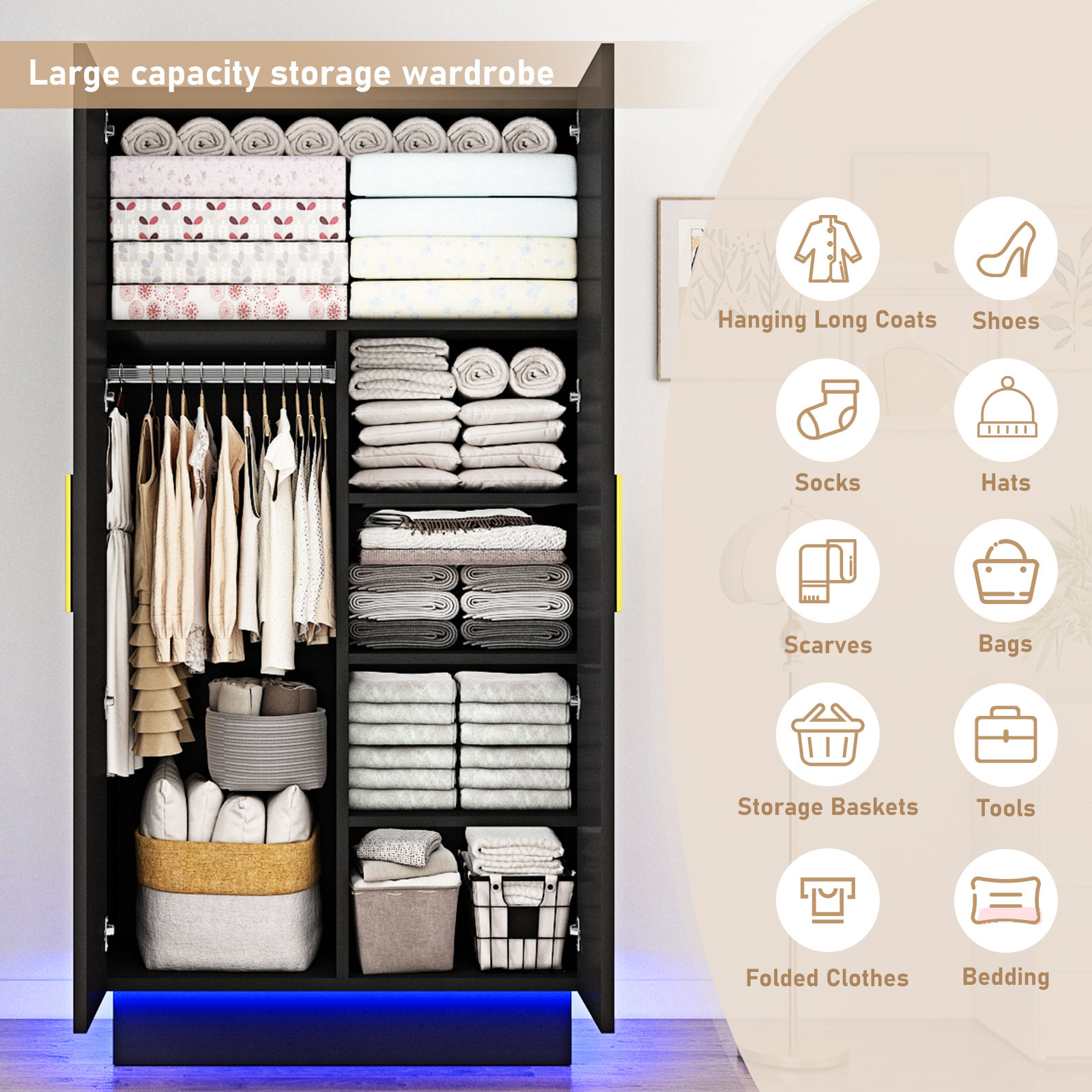 Blotout 70" Armoire Wardrobe Closet with LED Lights, Modern 2 Doors Adult Wood Closet Storage Cabinet with Hanging Rod&RGB LED 6000 Color Lights/5-Tier Storage Shelves