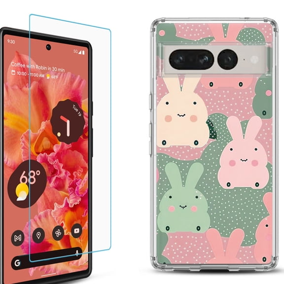 Shockproof Bumper Phone Case for Google Pixel 7, with Tempered Glass Screen Protector, by OneToughShield ® - Bunny Mix