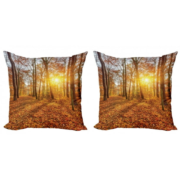 Forest Throw Pillow Cushion Cover Pack Of 2 Foggy Sunset Vibrant Sunbeams Rural Country Woodland In Fall Scenery Image Zippered Double Side Digital Print 4 Sizes Orange Brown Yellow By Ambesonne Walmart Com