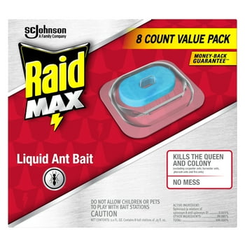 Raid Max Liquid Ant Bait; Kills Ants Where They Breed, Contains 8 Bait Stations, 1 PC