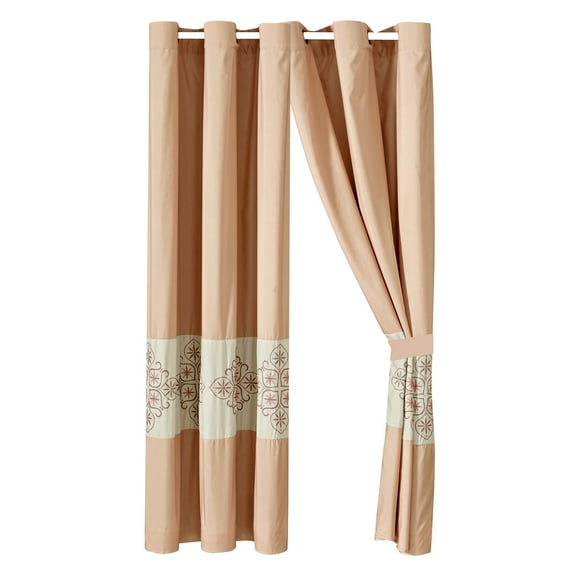 4-Piece Emilia Curtain Set Drape Sheer Liner|Teardrop Star Floral Scroll Embroidery|Blush Pink Beige|Grommet