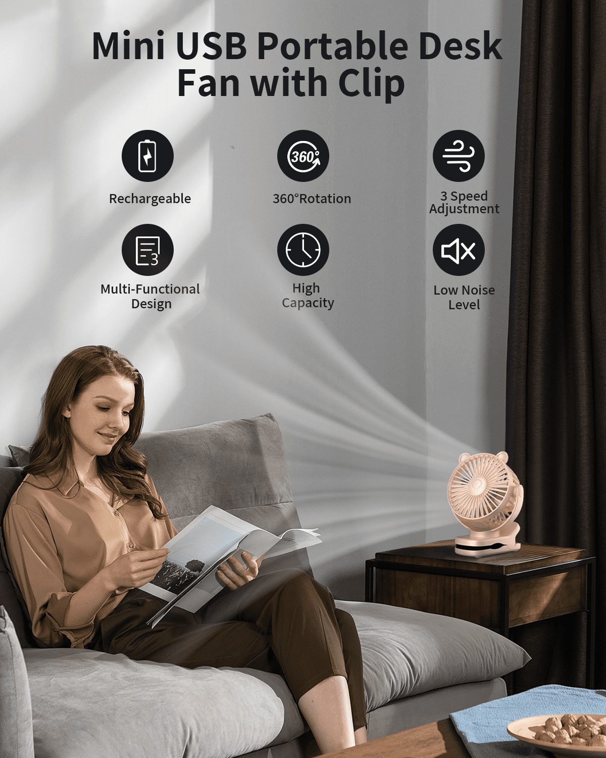 FrSara Clip on Fan, Rechargeable Portable Fan with 2000mAh Battery Operated, Small Fan with Powerful Clip Design, 3 Wind Speed, 360° Rotation, Ultra-Low Noise Level Personal Fan for Travel
