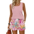 thumbnail image 3 of Tropical Print Two Piece Set for Women, Sleeveless Scoop Neck Tank Top & Drawstring Shorts with Pockets - Casual Summer Vacation Lounge Outfit Light pink XXXL, 3 of 9