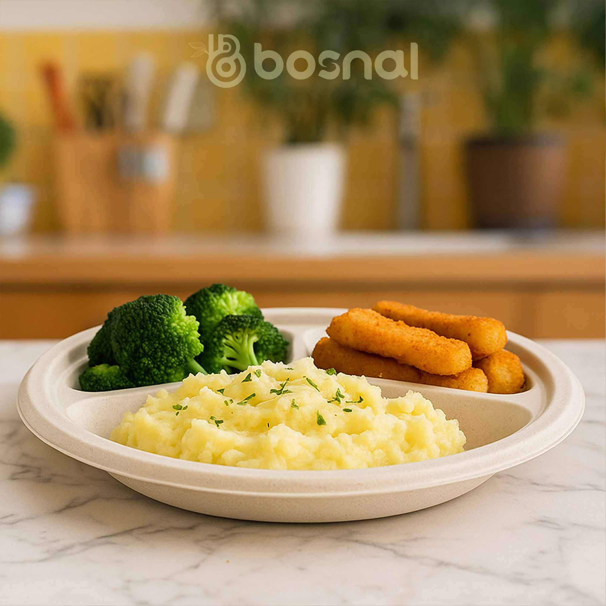 BOSNAL 10 Inch Round 3-Compartment Bagasse Plates (100 Pack) – Compostable, Biodegradable & Eco-Friendly Disposable Plates for Parties, Catering & Meals
