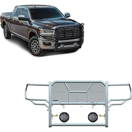 Black Horse RUGGED Heavy Duty Grille Brush Bumper Guard Modular Black Come With Pair of 5.3" Dia.LED Lights with Red Trim Rings Compatible with 2019-2024 Ram 2500|2019-2024 Ram 3500-RU-DORA20-B-PLFR