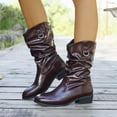 thumbnail image 2 of Retro Slouch Wide Mid Calf Boots for Women Ruched Leather Pointed Toe Chunky Low Heel Dress Short Booties Wine Size 8, 2 of 6