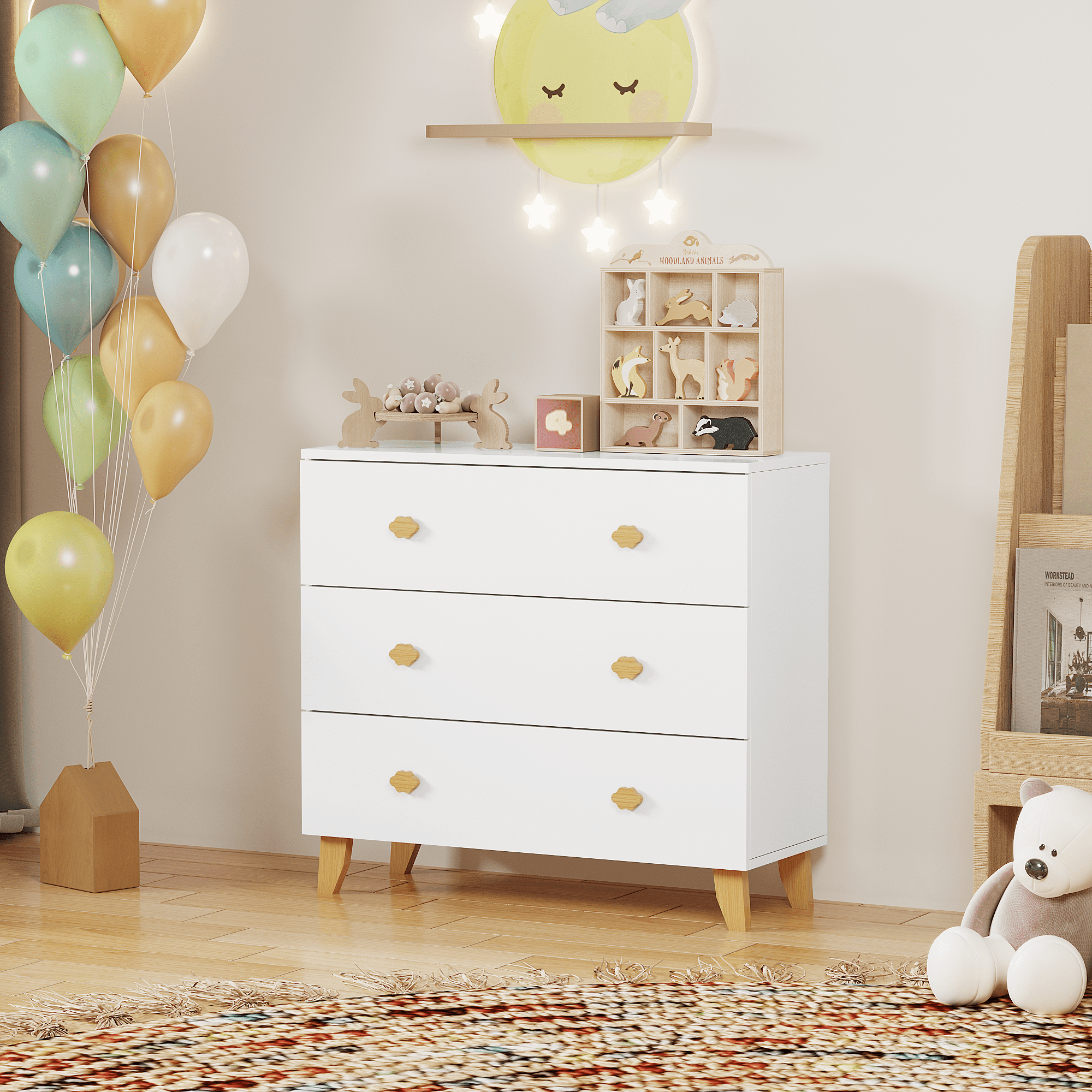 White Kids Dresser with Handles 3 Drawers Pine Legs Nursery Bedroom Storage