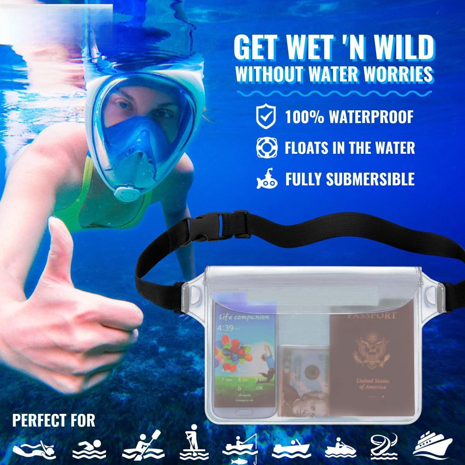 Ron Waterproof Pouch with Waist Strap (2 Pack) | Beach Accessories Best Way to Keep Your Phone and Valuables Safe and Dry | Perfect for Boating Swimming Snorkeling Kayaking Beach Pool Water Park