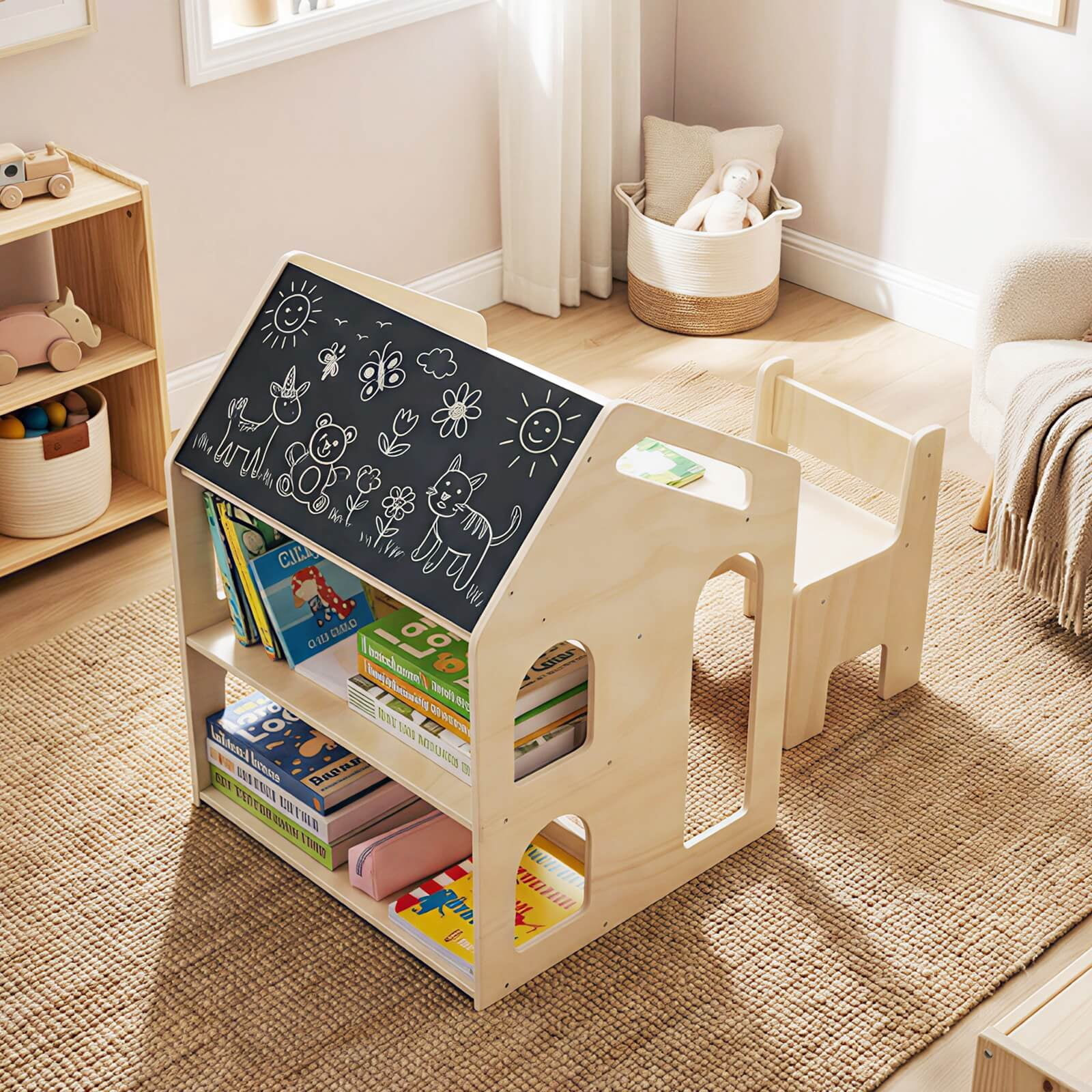 Costway House-shaped Kids Table & Chair Set with Top Chalkboard, 2 Open Storage Shelves Natural + Black
