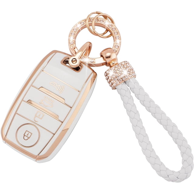 for Kia Key Fob Cover 4 Buttons Soft TPU Smart Car Key Shell Case for Kia Optima Soul Sportage Sorento Forte NIRO Rio Key Protector with Bling Leather Keychain,1,white
