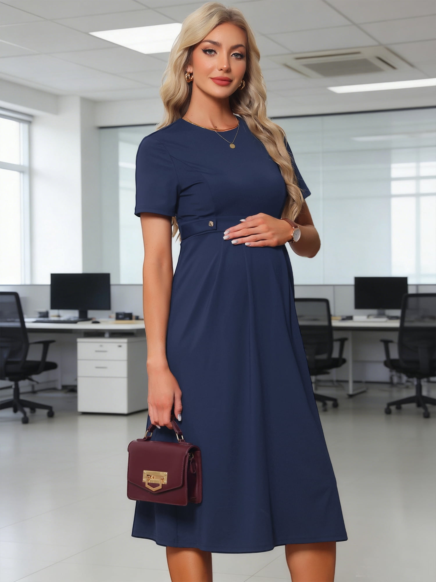 DARING DIVA Women's Maternity A Line Short Sleeve Front Pleated Dresses 2XL Blue