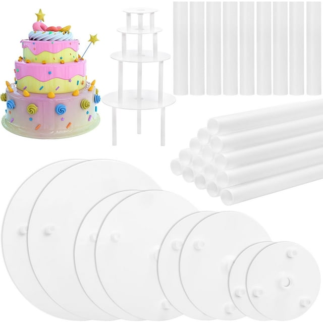 ZEAYEA 24 Pieces Cake Dowel Rods with 8 Pieces Cake Separator Plates for 4, 6, 8, 10 Inch 4 Tiered Cakes, Plastic Cake Sticks Support Rods and Cake Boards for Cake Construction and Stacking