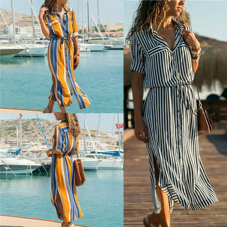 2019 Women's Stripe Long Sleeve Casual Cotton Oversized Maxi Long Shirt (Best Maxi Dresses 2019)