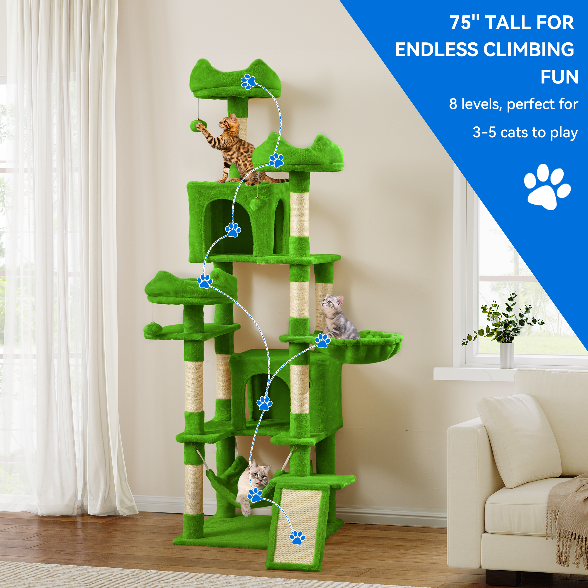 Uforic 75 Inch Multi-Level Cat Tree Tower with 2 Cat Condos, Hammocks, Sisal Scratching Posts & Fluffy Teaser Balls, Green