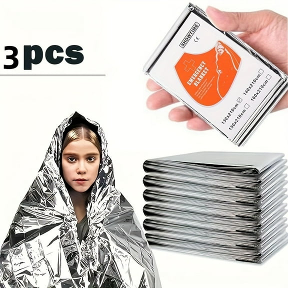 3-Pack Thermal Mylar Emergency Blankets - PET Material, All-Season, Hand Wash, Plain Weave - Space-Efficient Survival Gear for Camping, Hiking, Outdoor Activities & First Aid