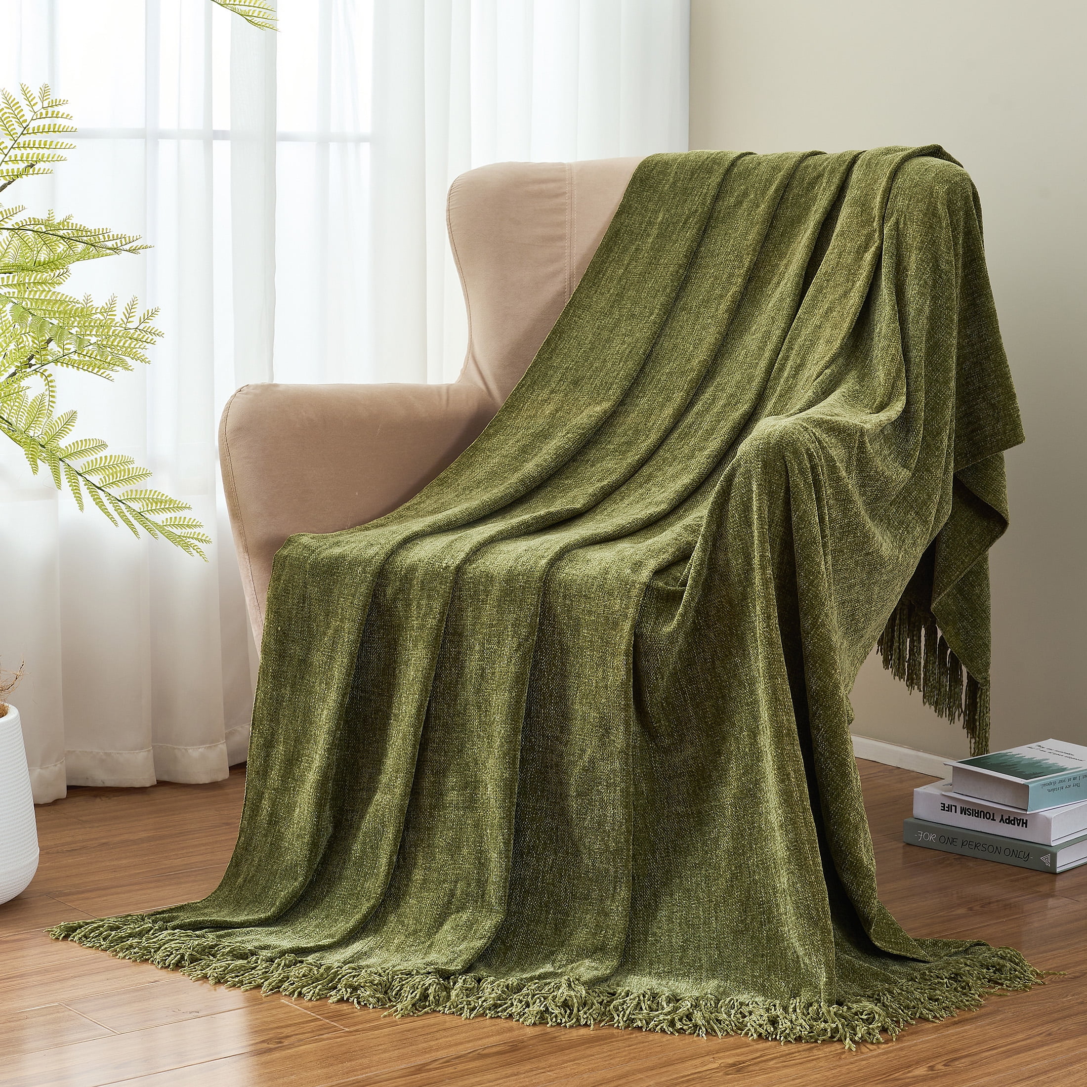 LONG CREATE Chenille Throw Blanket with Fringe Tassel for Couch Sofa Chair Bed, Olive Green 50" x 60"