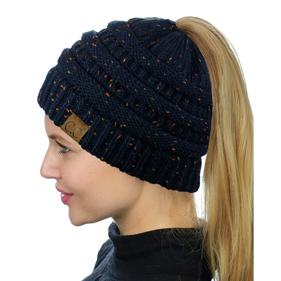 C.C BeanieTail Soft Stretch Cable Knit Messy High Bun Ponytail Beanie Hat, Confetti Navy