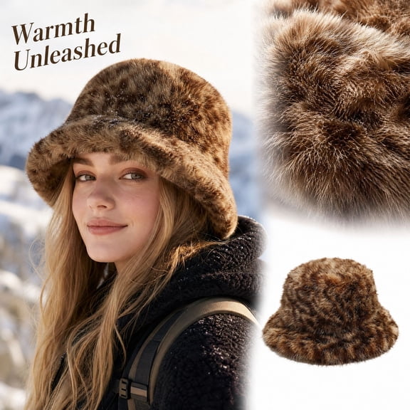 Lumtrix Unisex Animal Print Faux Fur Bucket Hat Soft Fluffy Plush Wide Brim Fisherman Hat Thick Warm Winter Fashion Hat for Cold Weather Daily Outdoor Brown One Size