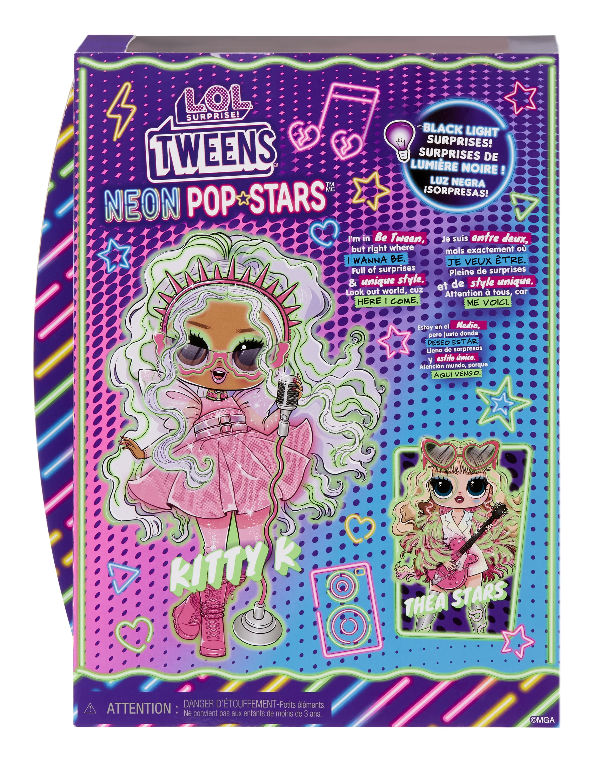 LOL Surprise Tweens Neon Pop Stars Kitty K Fashion Doll with Black Light Surprises and 10+ Pop Star Fashions and Accessories Including Retro Mic Stand – Great Gift for Kids Ages 4+