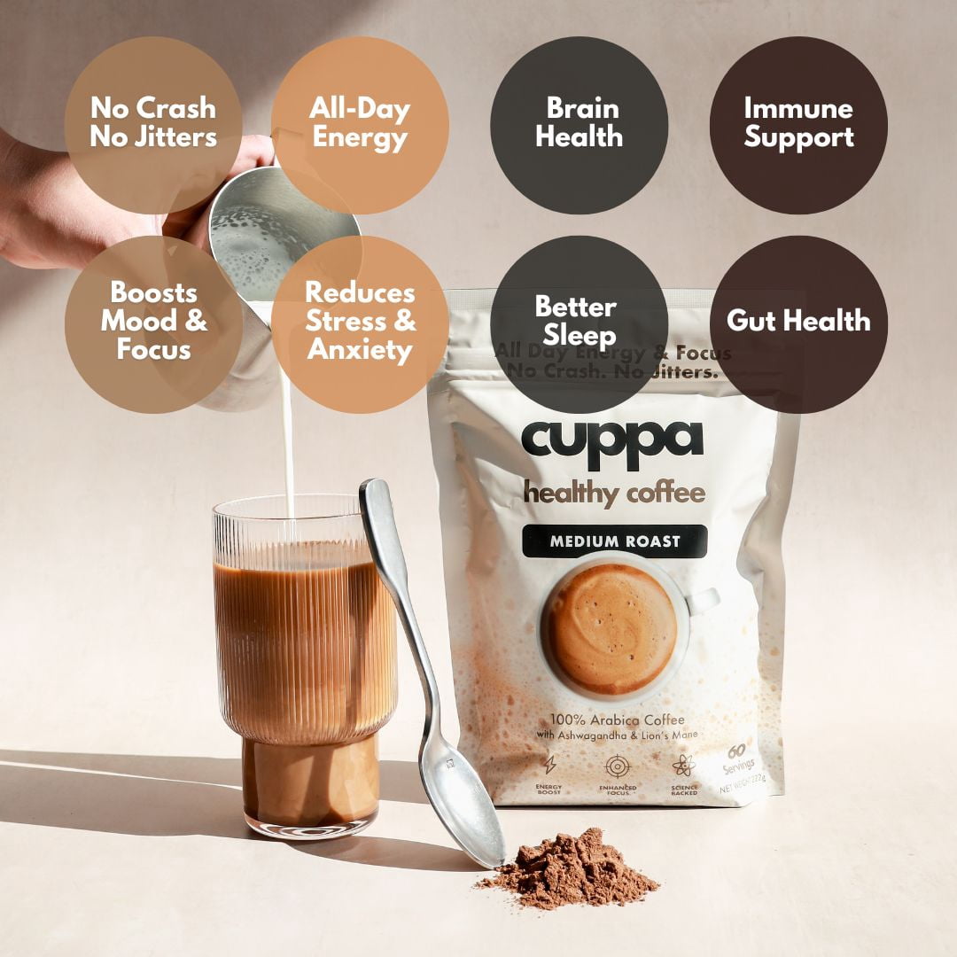 Cuppa Medium Roast Healthy Mushroom Instant Coffee with Lion's Mane & Ashwagandha for All Day Energy & Focus - No Crash or Jitters (60 Serving)