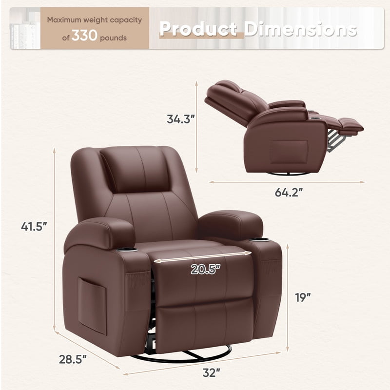 Vineego 360° Swivel Recliner Oversized Massage Rocking Chair Nursery Chair Power Living Room Furniture With Two Cup Holder,PU Brwon
