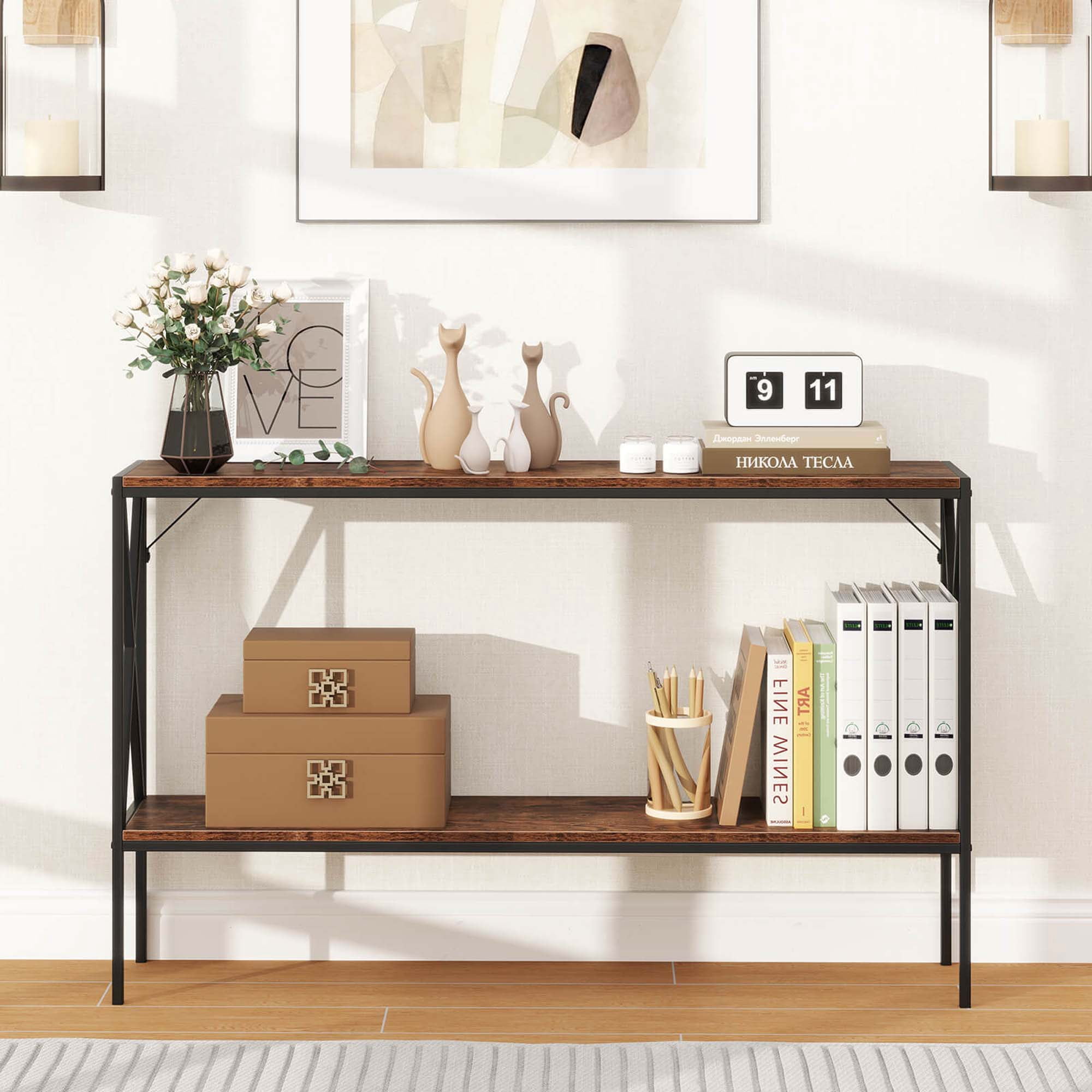 Costway Narrow Console Table 2-Tier Entryway Table with Storage 2 Support Bars Sofa Table Brown