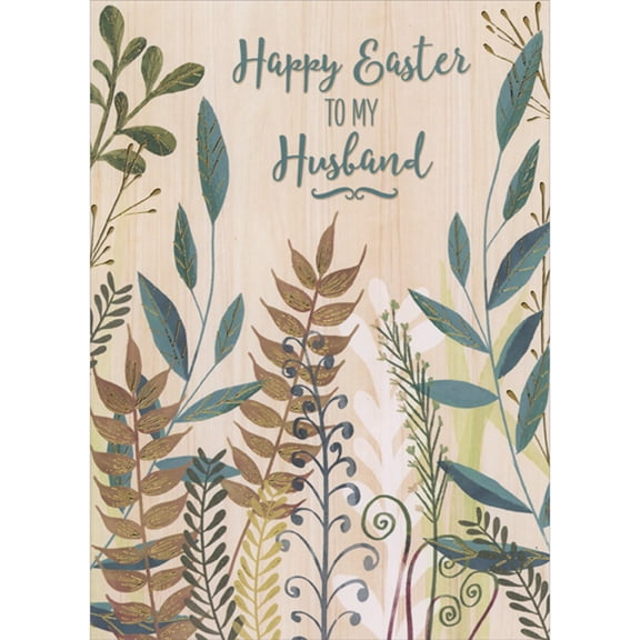 Designer Greetings Blue and Brown Leaves with Gold Foil Accents on Tall Stems Easter Card for Husband