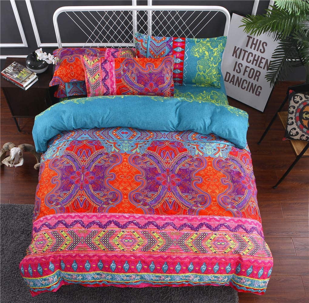 Botoutin Bohemian 3-Pieces Multicolored Red Striped Ethnic Mandala Duvet Bedding Sets, King