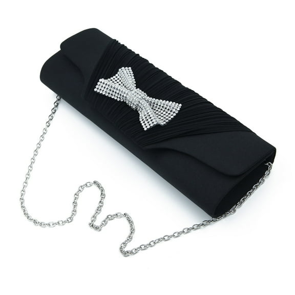 Elegant Pleated Satin Flap Rhinestones Bow Clutch Evening Bag