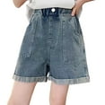 thumbnail image 2 of Huowey Girls Jean Shorts Summer Elastic Waist Casual Cargo Denim Shorts With Pockets Cartoon Bunny Print Vintage Washed Fashionable Cozy Soft High Waisted Trunks Stylish Dailywear,Blue,14-15 Years, 2 of 7
