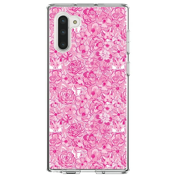 DistinctInk Clear Shockproof Hybrid Case for Samsung Galaxy Note 10 (6.3" Screen) - TPU Bumper, Acrylic Back, Tempered Glass Screen Protector - Preppy Pattern - Pink & White Flowers Floral