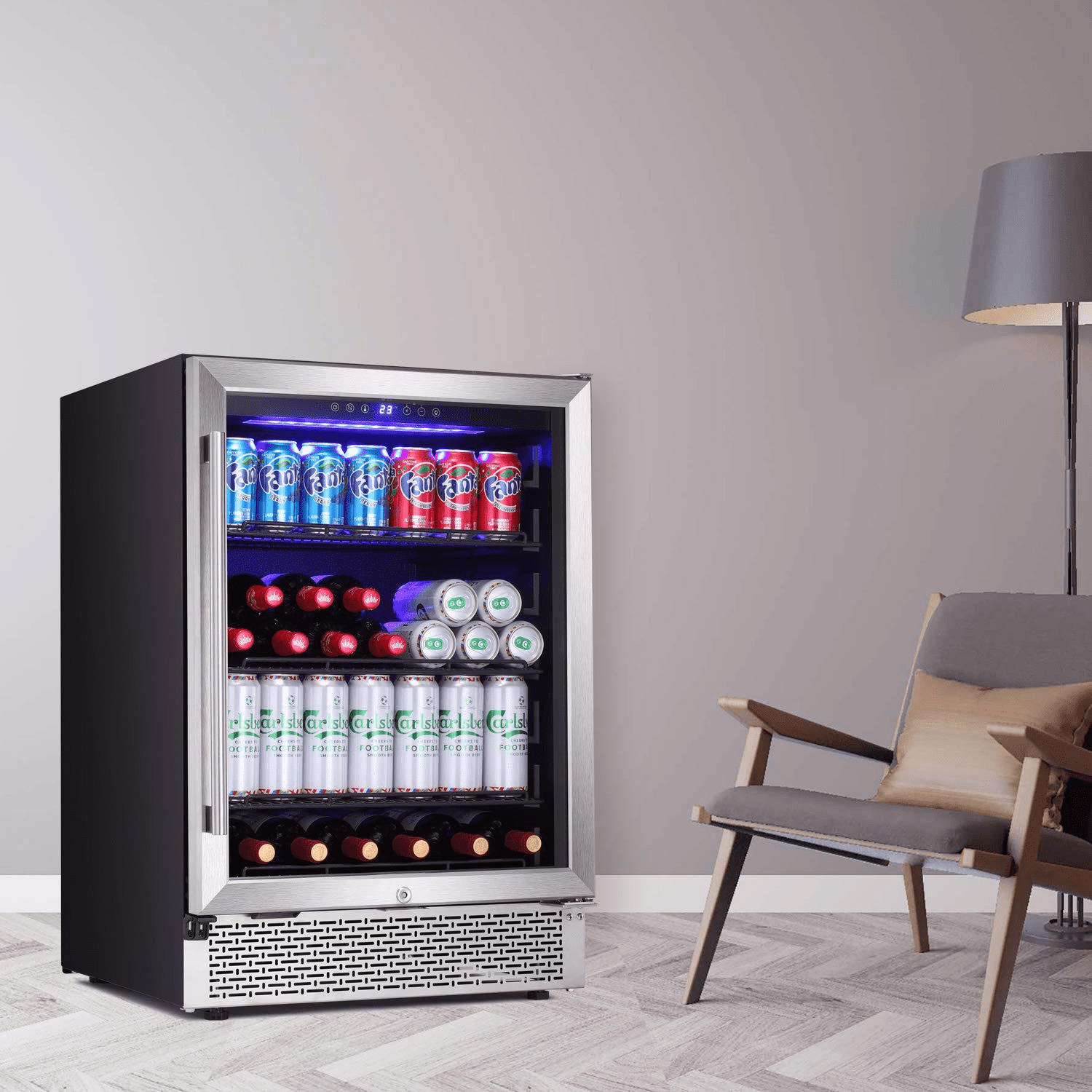24”Wine Cooler Cabinet Built-in or Freestanding, Beverage Refrigerator with Stainless Steel Glass Door, Removable Wire Racks, Digital Memory Temperature Control, and Safety Lock