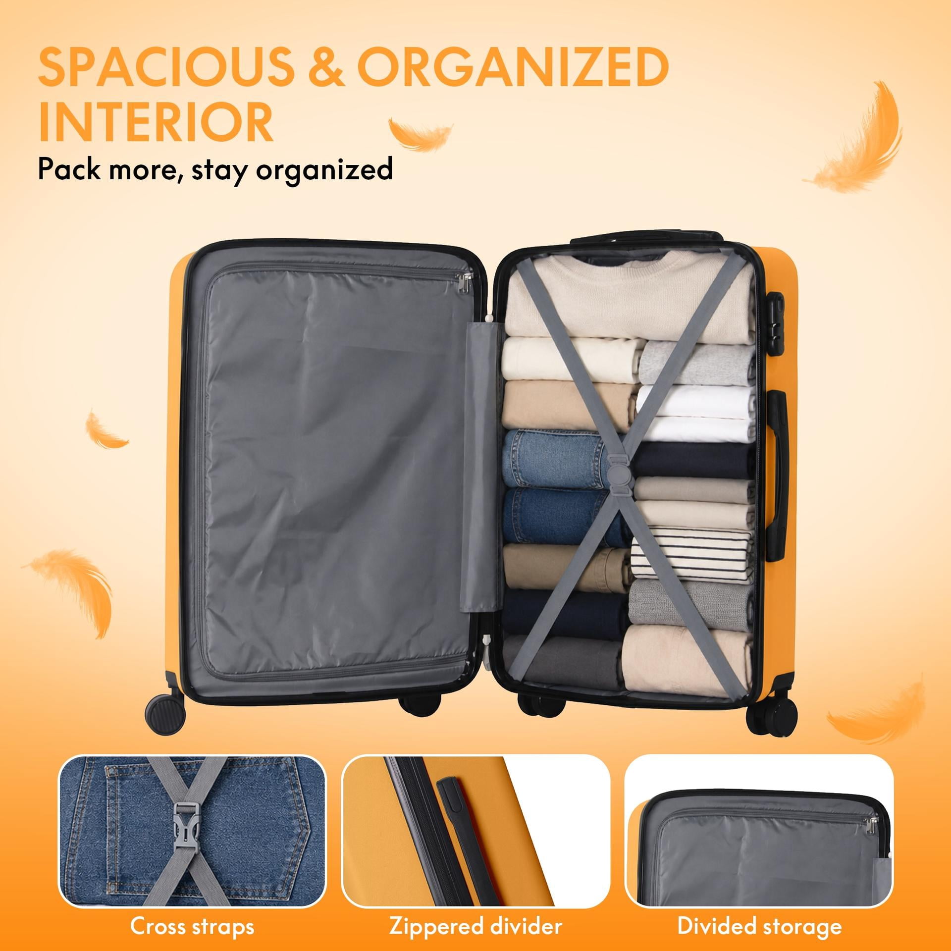 3-Piece ABS Hardshell Luggage Set, Lightweight Durable Suitcases with 4 Silent Spinner Wheels and Combination Lock, 20/24/28 Inch, Tulip Yellow