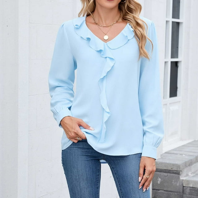 Women's Casual V-Neck Pleated Ruffled Long-Sleeve Blouse Loose Fit Solid Color Top for Daily Wear